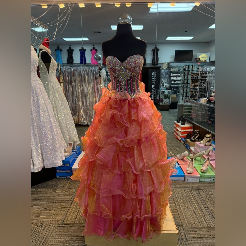 PRECIOUS FORMALS P70092 SZ-4 PINK-ORANGE PROM DRESS FORMAL PAGEANT GOWN BALLGOWN
